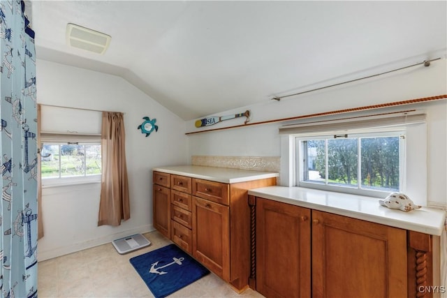 interior space featuring brown cabinetry, light countertops, vaulted ceiling, and a wealth of natural light
