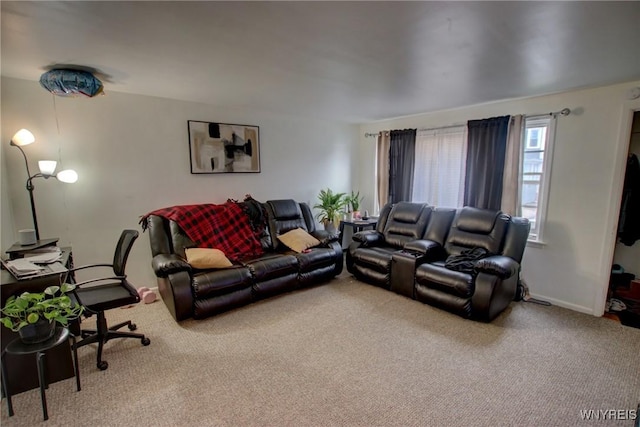 living area with carpet floors and baseboards