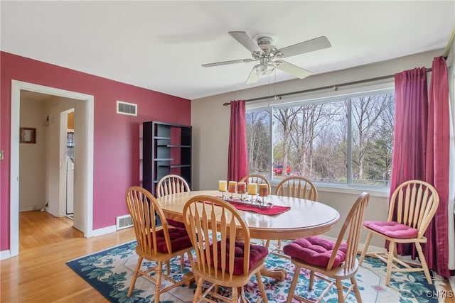 dining space with visible vents, light wood-style flooring, ceiling fan, and baseboards