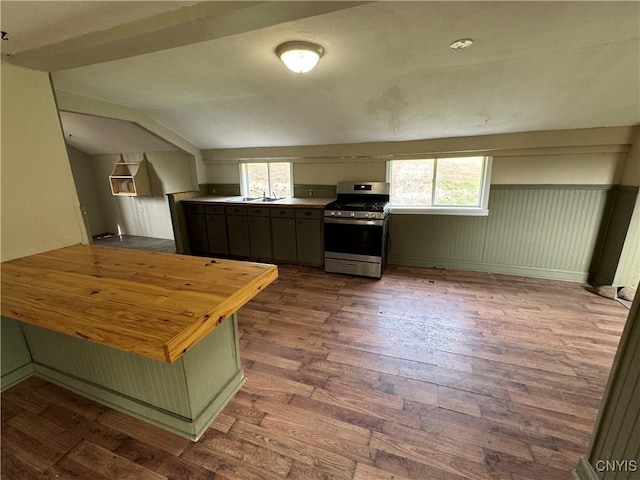 kitchen with stainless steel range with gas stovetop, a sink, and wood finished floors
