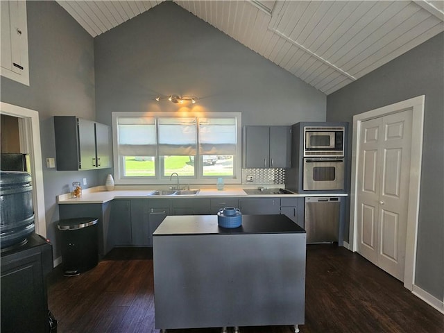 kitchen featuring stainless steel appliances, high vaulted ceiling, dark wood-style floors, and a sink