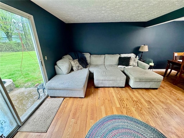 living room with a textured ceiling and wood finished floors