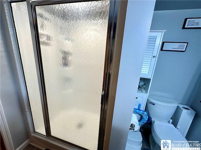 full bath featuring baseboards, a stall shower, and toilet