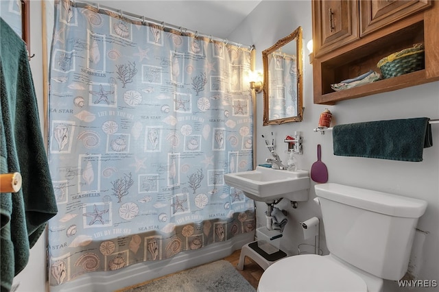 bathroom with a sink, toilet, and shower / tub combo with curtain