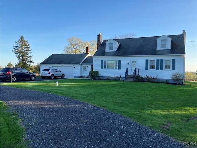 cape cod home featuring a garage, a chimney, driveway, and a front yard
