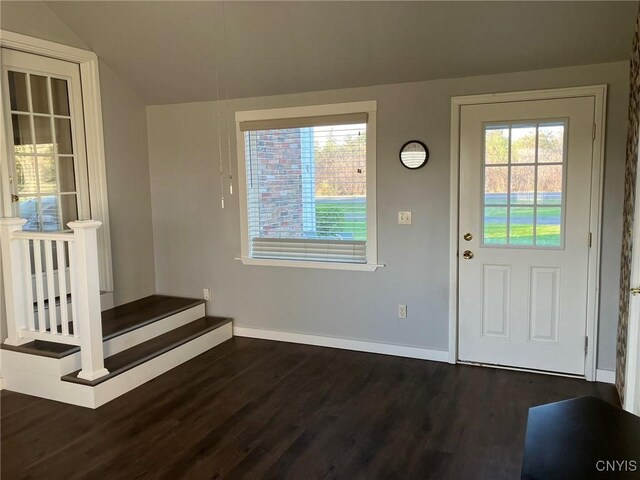 2203 State Route 90th Rd, Ledyard, NY 13026 - entryway featuring dark wood-style flooring, baseboards, and vaulted ceiling