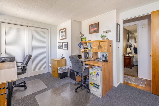 view of carpeted home office