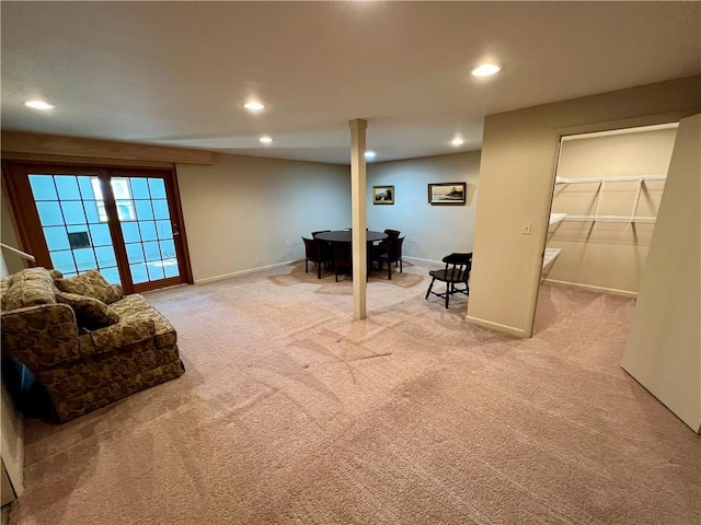 interior space with recessed lighting, carpet, and baseboards
