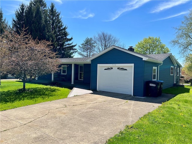 ranch-style house with an attached garage, a front yard, a chimney, covered porch, and driveway