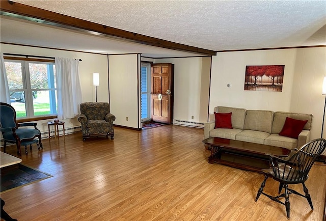 living room with baseboard heating, beam ceiling, a textured ceiling, and wood finished floors