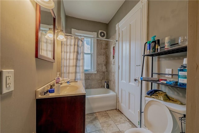 full bath with toilet, shower / bathtub combination with curtain, and vanity