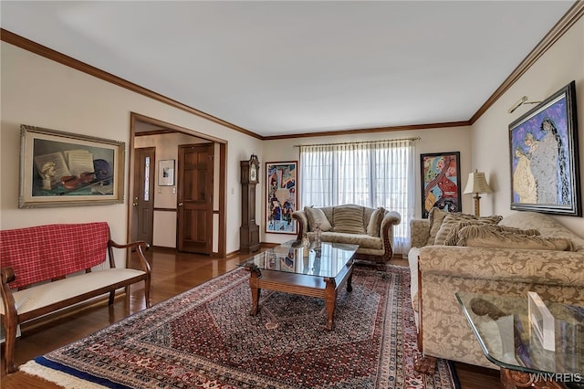 living area with crown molding and dark wood-type flooring