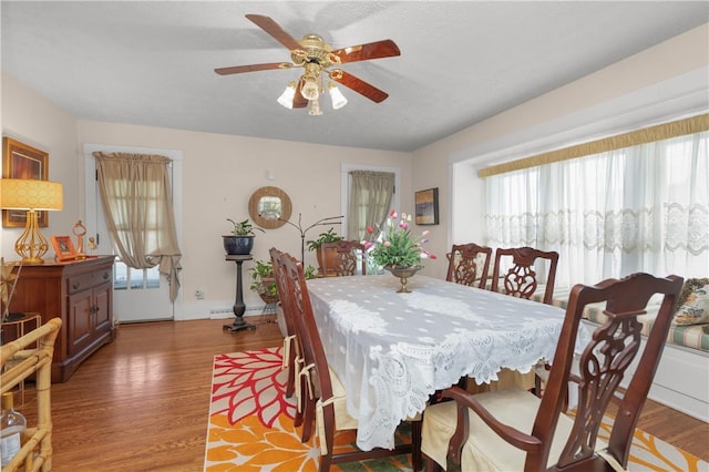 dining space featuring ceiling fan and wood finished floors