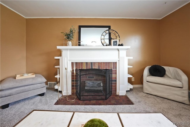 living room with crown molding, a brick fireplace, carpet, baseboards, and visible vents