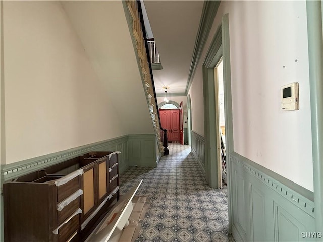 118 E 3rd St, Oswego, NY 13126 - corridor with wainscoting and crown molding