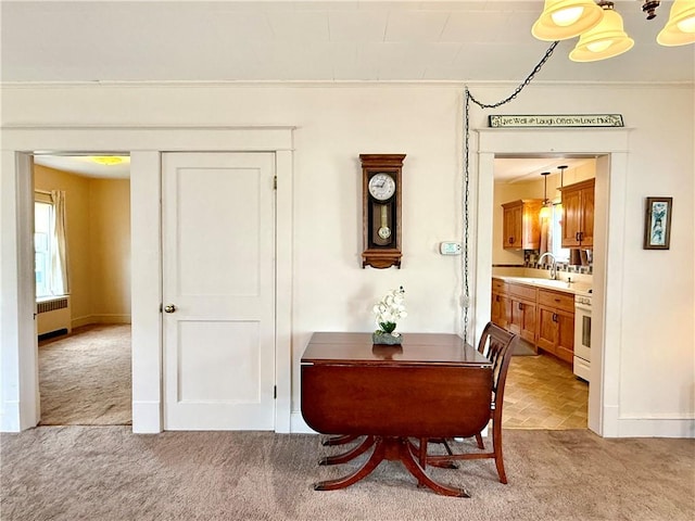 dining area featuring baseboards, light carpet, and radiator heating unit