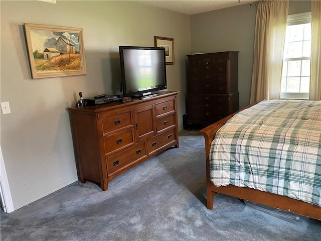 bedroom with dark carpet