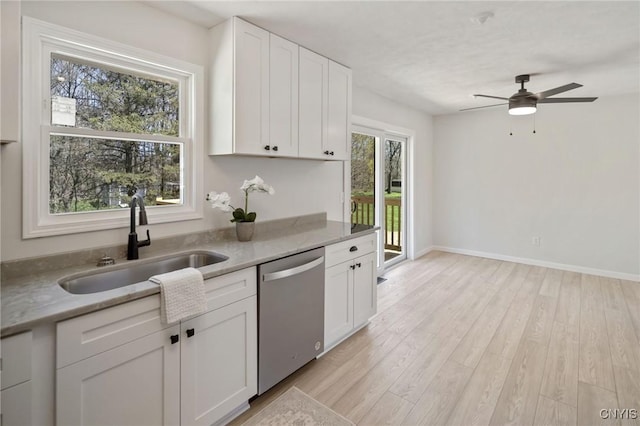 kitchen with stainless steel dishwasher, a ceiling fan, white cabinets, and a sink