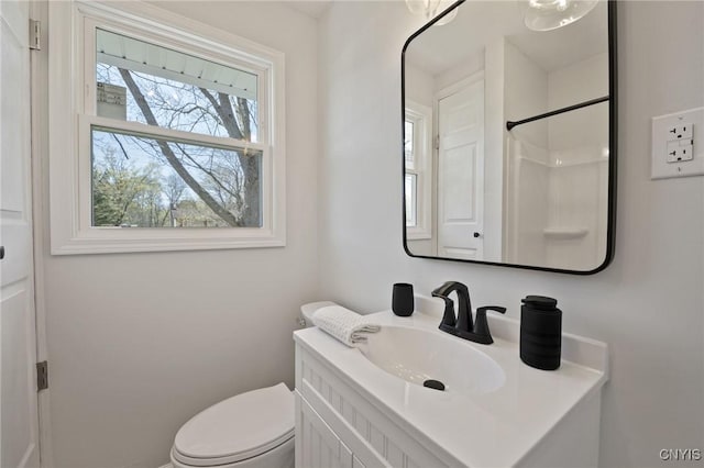 bathroom with vanity, walk in shower, and toilet