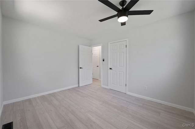 spare room with visible vents, baseboards, ceiling fan, and wood finished floors