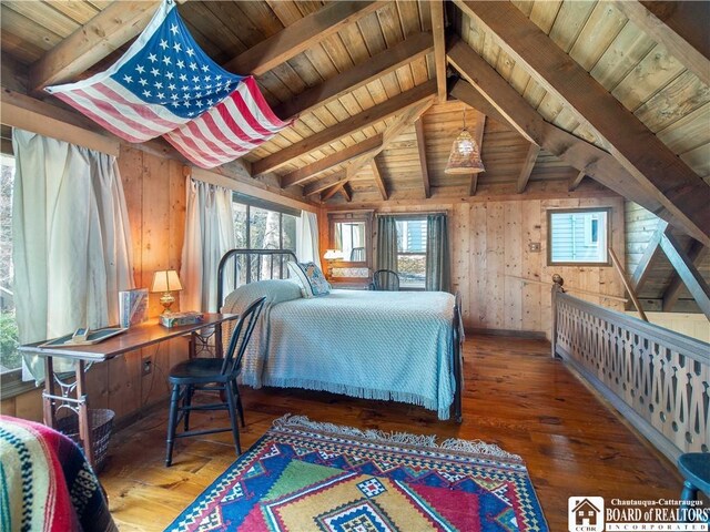 bedroom featuring vaulted ceiling with beams, wood walls, wooden ceiling, and hardwood / wood-style flooring
