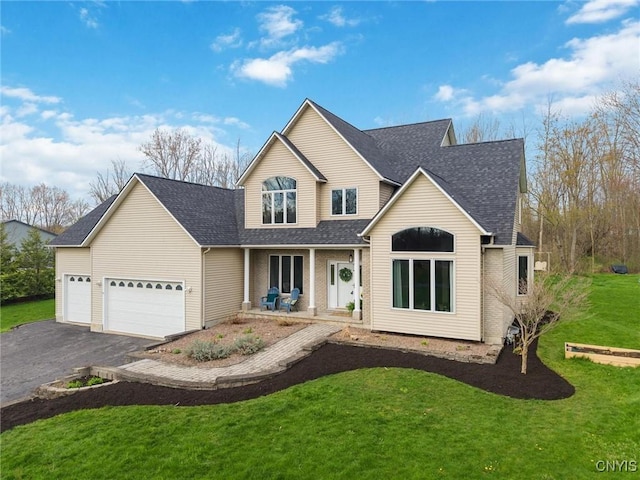 traditional home featuring covered porch, aphalt driveway, roof with shingles, a front lawn, and an attached garage