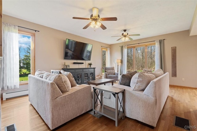 living area with visible vents, light wood-style flooring, and a baseboard heating unit