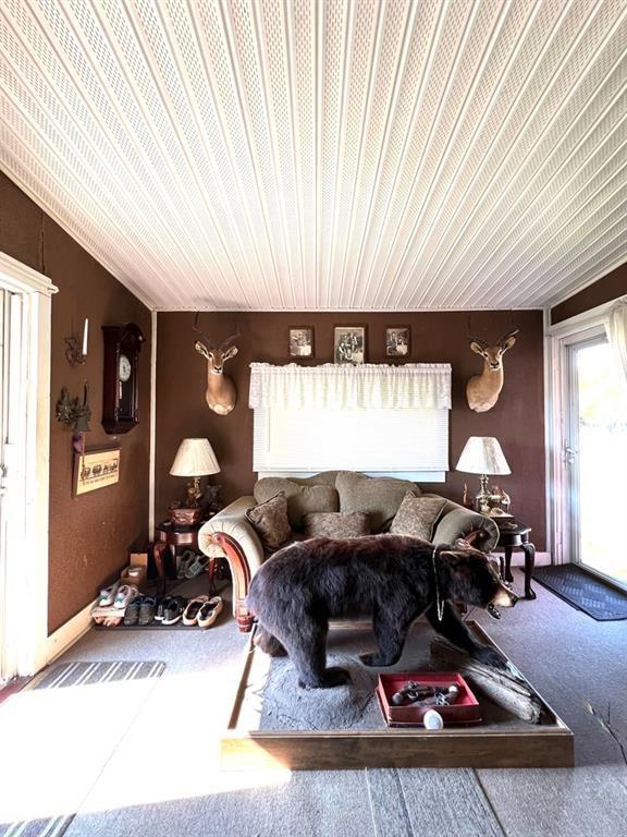 carpeted living room featuring wooden ceiling and vaulted ceiling