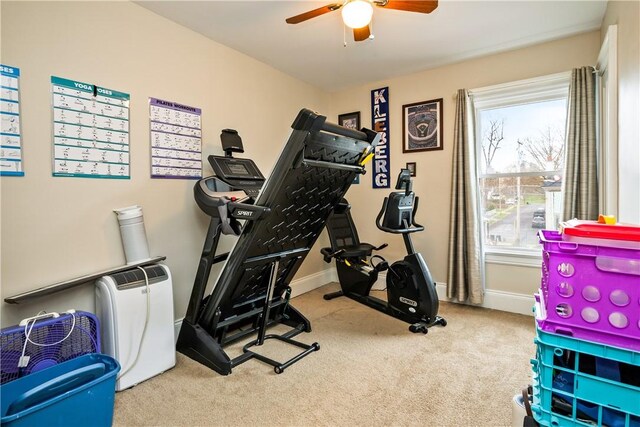 exercise area featuring carpet flooring, ceiling fan, and baseboards