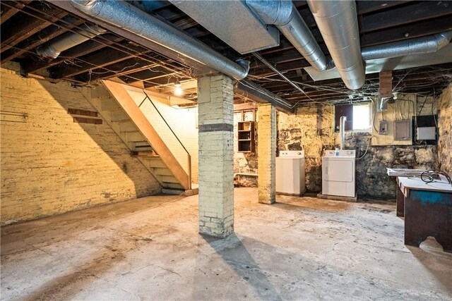 below grade area with washer and clothes dryer and electric panel