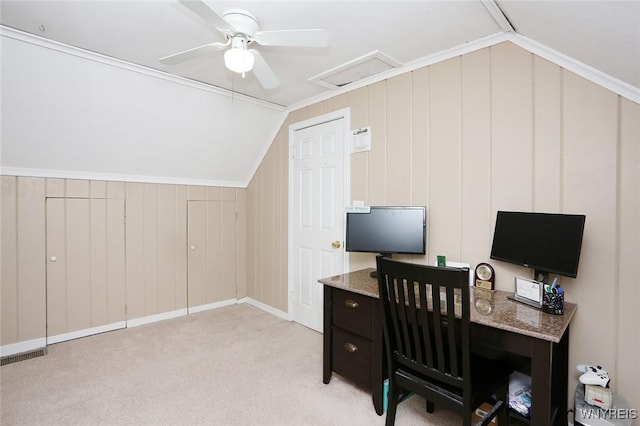 office space featuring ceiling fan, light colored carpet, visible vents, and lofted ceiling