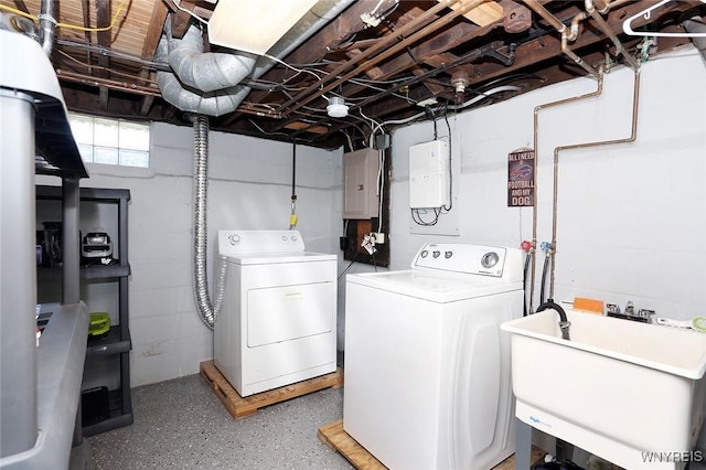 washroom with independent washer and dryer, laundry area, a sink, and electric panel