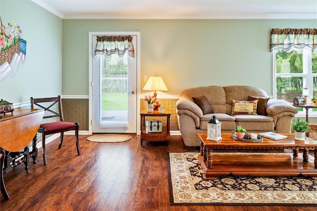 living area with baseboards, ornamental molding, and dark wood-style floors