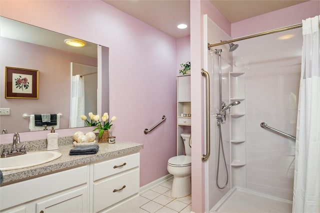 bathroom with vanity, toilet, tile patterned floors, recessed lighting, and curtained shower