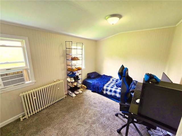bedroom featuring crown molding, cooling unit, carpet, radiator, and lofted ceiling