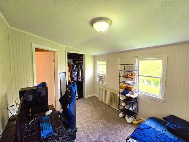 carpeted bedroom featuring crown molding, radiator, multiple windows, and a closet
