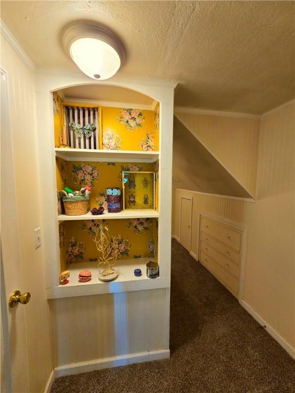 interior space with baseboards, carpet, and a textured ceiling