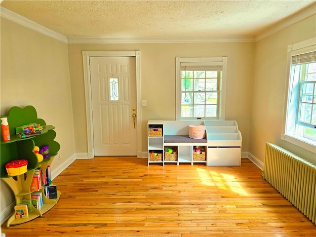 interior space featuring crown molding, light wood-style floors, a textured ceiling, radiator, and baseboards