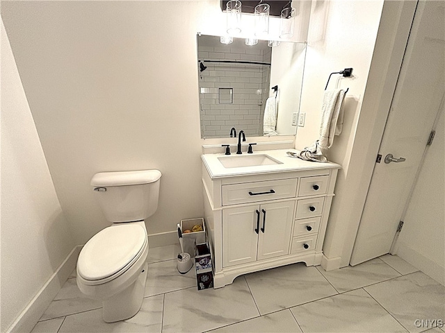 bathroom featuring baseboards, marble finish floor, toilet, and tiled shower