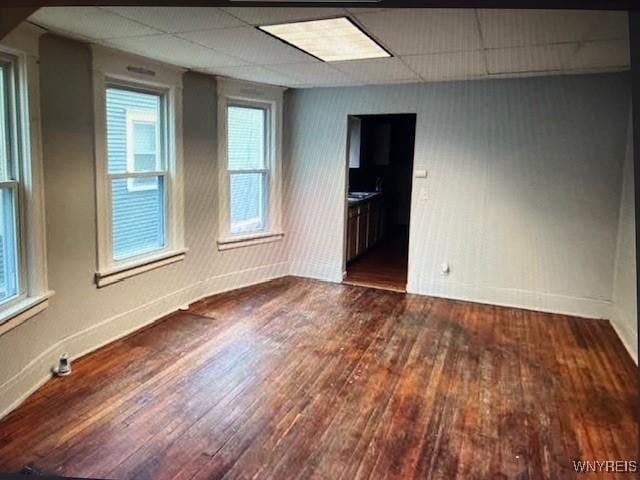 spare room with baseboards, a drop ceiling, and hardwood / wood-style floors