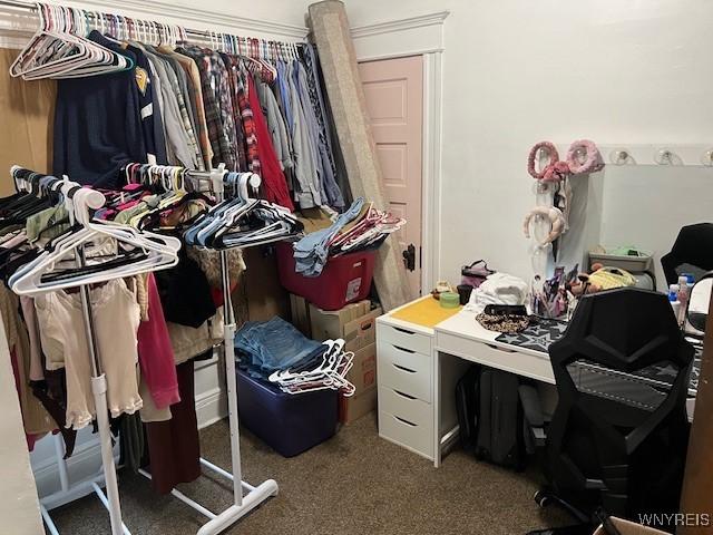 walk in closet with carpet floors