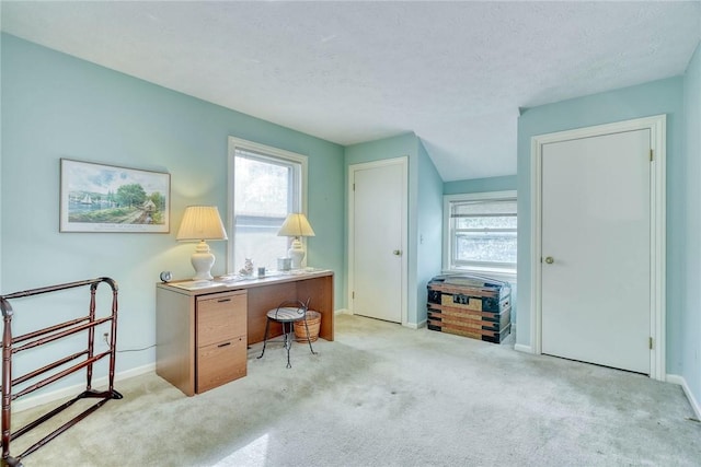 carpeted office space with baseboards and a textured ceiling