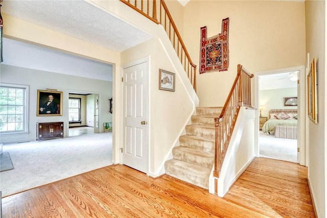 stairway featuring baseboards, carpet, and wood finished floors