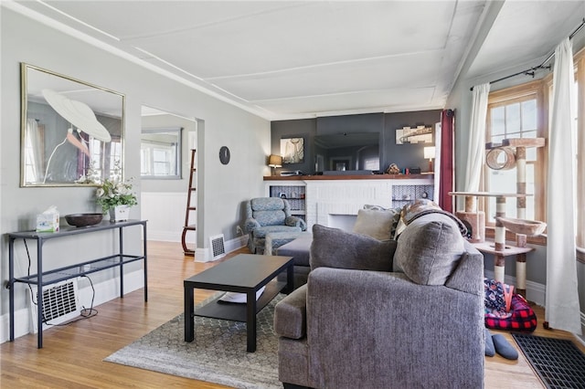 living room featuring a fireplace, a wealth of natural light, and wood finished floors