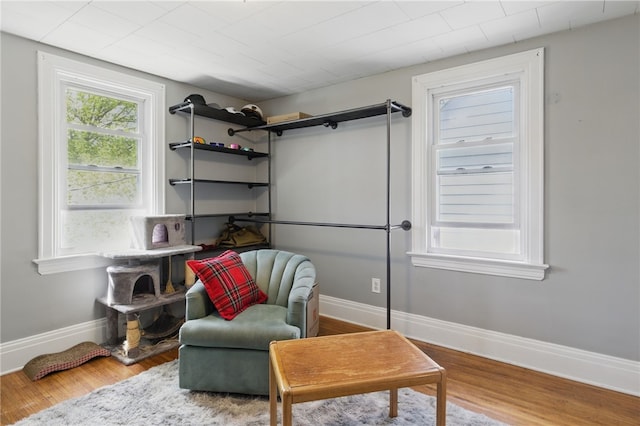 sitting room with baseboards and wood finished floors