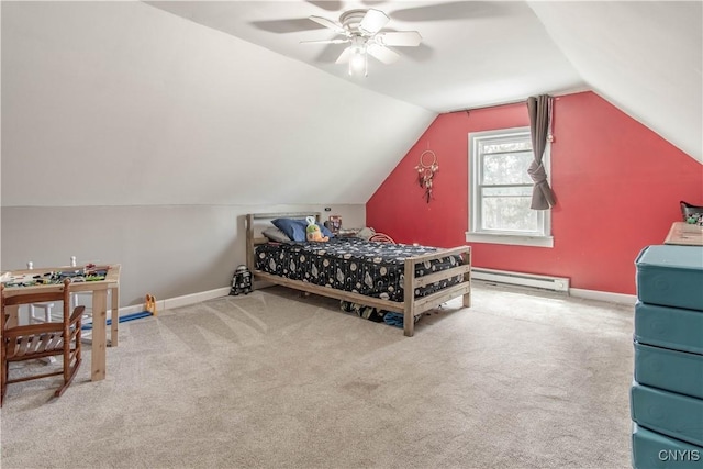 carpeted bedroom featuring baseboards, a baseboard radiator, a ceiling fan, and vaulted ceiling
