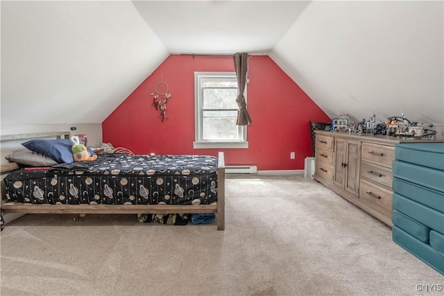 bedroom with carpet flooring, a baseboard heating unit, and lofted ceiling