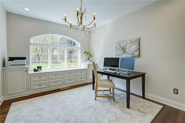 4 Windscape Park, Pittsford, NY 14534 - office area featuring recessed lighting, baseboards, a chandelier, and visible vents