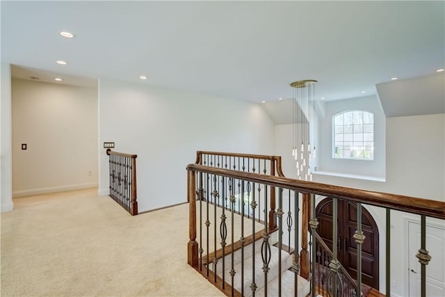 4 Windscape Park, Pittsford, NY 14534 - corridor with light colored carpet, recessed lighting, baseboards, an upstairs landing, and vaulted ceiling
