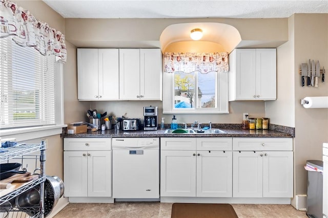 kitchen featuring white cabinets, a sink, dark stone counters, and dishwasher